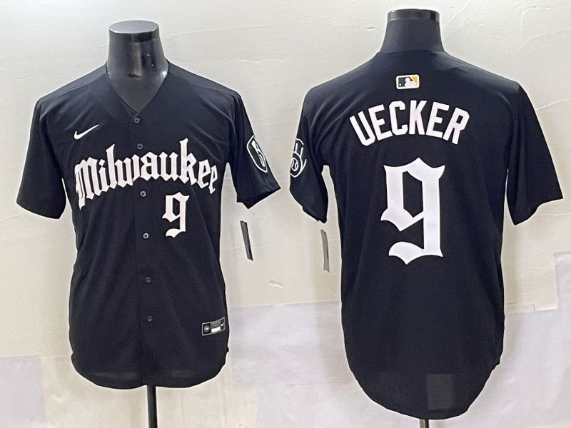 Men 2025 Milwaukee Brewers #9 Uecker Black Five generations Joint Name Nike MLB Jersey style 7